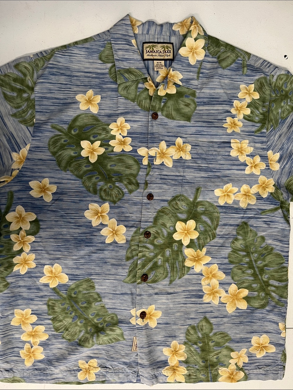 Jamaica Jaxx Blue Hawaiian Button-Down with Green Leaves & Yellow Plumeria